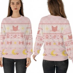 Sailor Moon Luna & Sailor Guardian Symbols Sweater Pink Cream Yellow - M